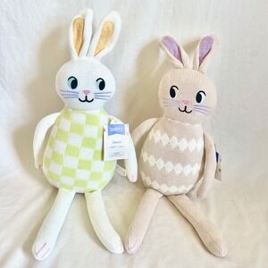 Spritz Easter Knit Bunny Figurines Set of 2 White Green Checker Tan Argyle 22.5"